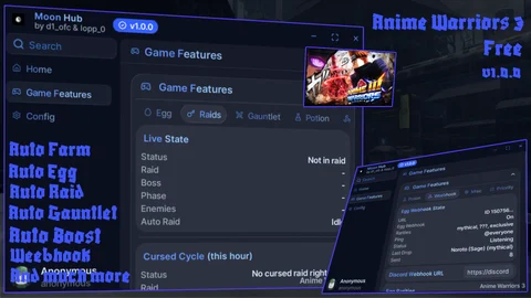 Anime Warriors III Moon Hub Script – Auto Farm, Raid & Gauntlet System