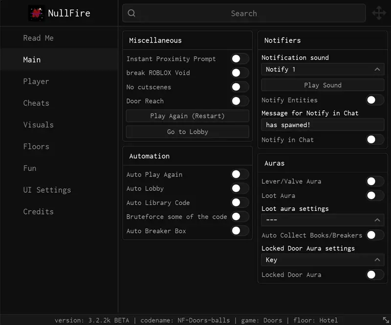 NullFire Doors Script - Auto Lobby, ESP, Loot, Entity Removers