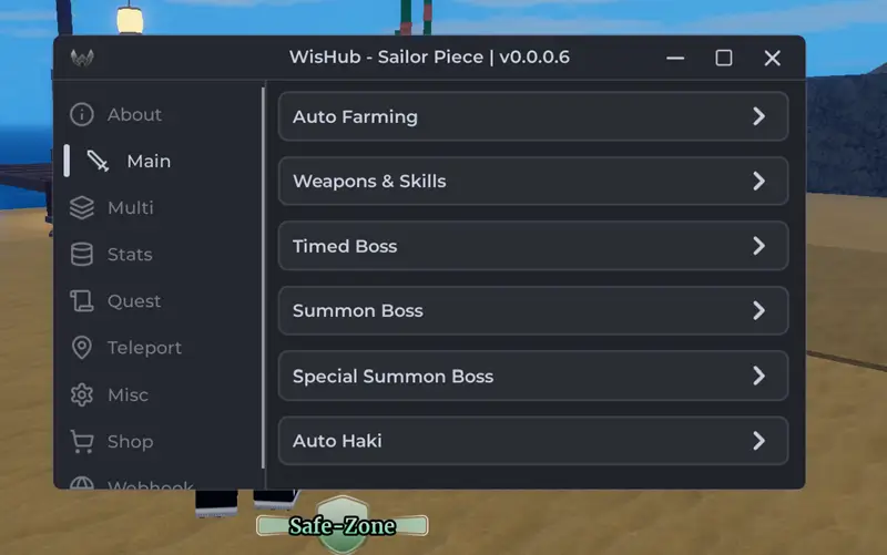 WisHub No-Key Sailor Piece Script - Auto Farming (NPC, Tween)